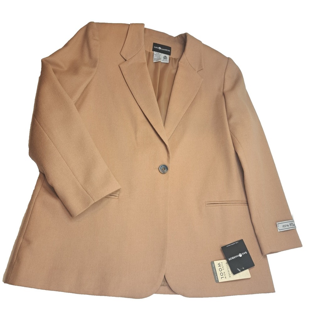 Sag Harbor 100% Wool Blazer Womens 16 Tan Lined NEW w Tags Classic Office